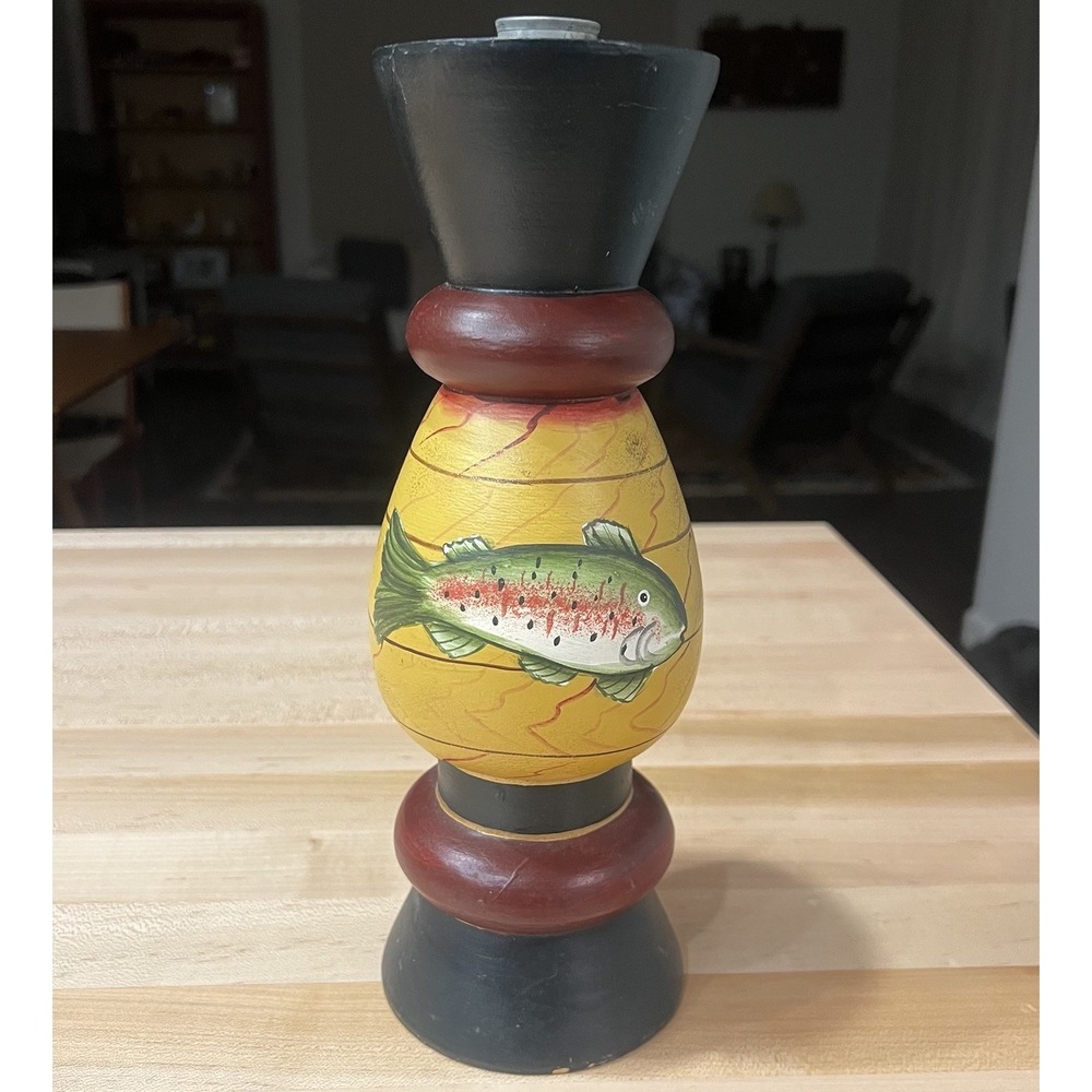 Whimsical Hand-Painted Pillar Candle Holder, Fish, Philippines, Wood, Cracked - Picture 1 of 10